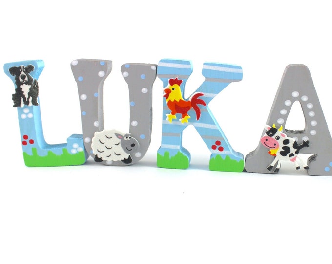 Wooden letters children's room door farm animals