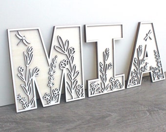 Wooden letters door sign name, wooden letters wildflowers, wooden letters boho, name made of wood, wooden letters children's room door
