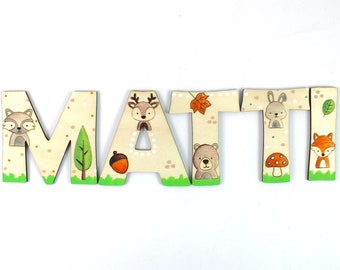 wooden letters children's room door forest animals