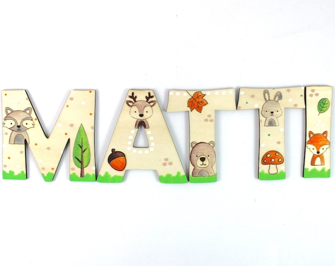 Wooden letters children's room door forest animals