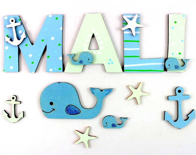 Wooden letters children's room door whales