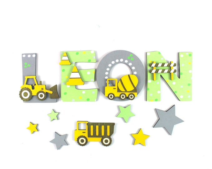 Wooden letters construction vehicles, wooden letters children's room door, name plate children's room door, wooden letters children's room, door sign