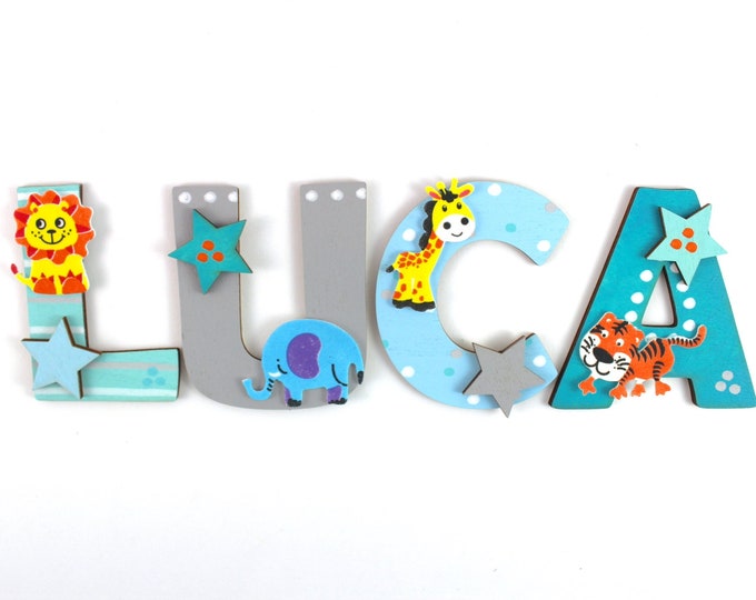 Wooden letters children's room door animals