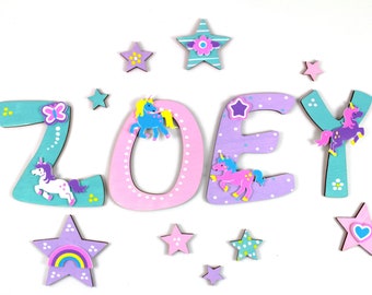 Wooden letters for children's rooms, unicorns, door letters, favorite shops - mint, pink, lilac, unicorns, stars