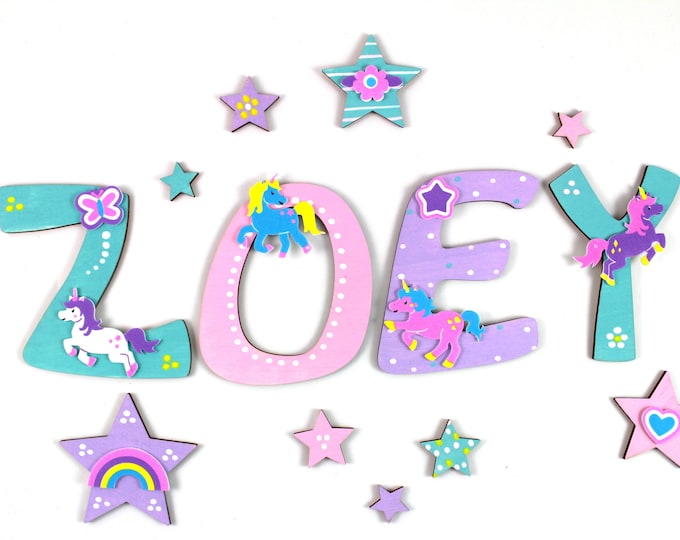 Wooden letters children's room, unicorns, door letters, favorite shops - mint, pink, lilac, unicorn, unicorn, stars