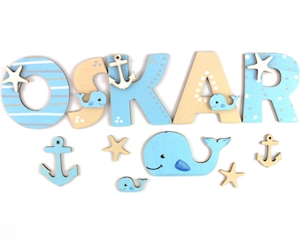 Wooden letters children's room door whales