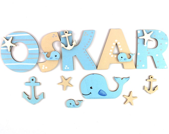 Wooden letters children's room door whales