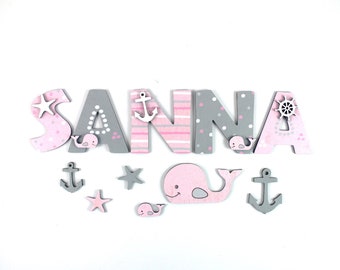 Wooden letters whales, decoration children's room door, door sign name wood, name letters maritime, baby girl