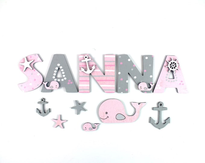 Wooden letters whales, wooden letters children's room door, door sign children's room, name plate children's room door, wooden letters children's room