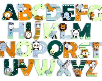 Wooden letters for children's room door, animals matching the name, personalized door sign, wall decoration ABC Baby, earth tones