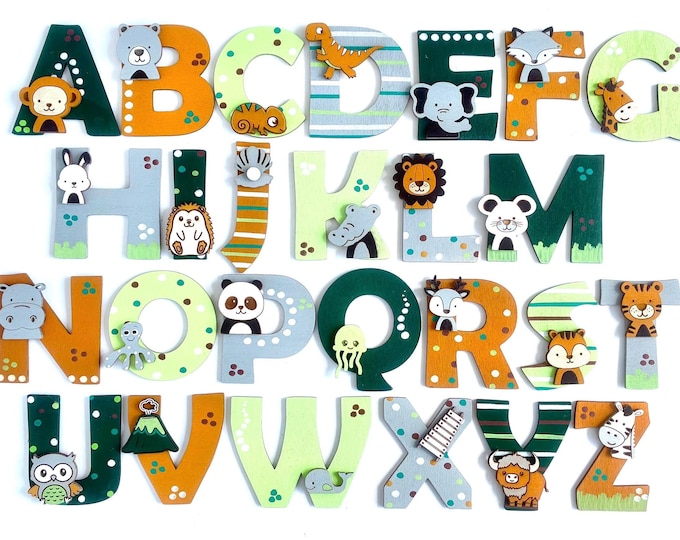 Wooden letters for children's room door, animals matching the name, personalized door sign, wall decoration ABC Baby, earth tones