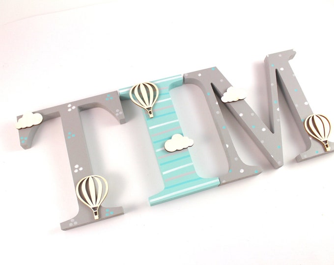 Wooden letters XXL 15 cm, large door letters, also suitable for putting up - hot air balloon, clouds, mint, wooden letters nursery door