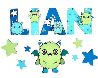 Wooden letters for children's rooms with cute monsters – name door personalizable