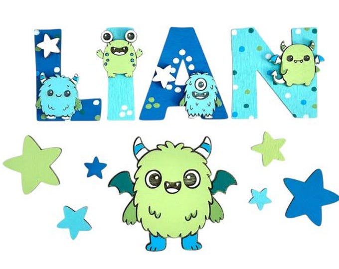 Wooden letters for children's rooms with cute monsters – name door personalizable