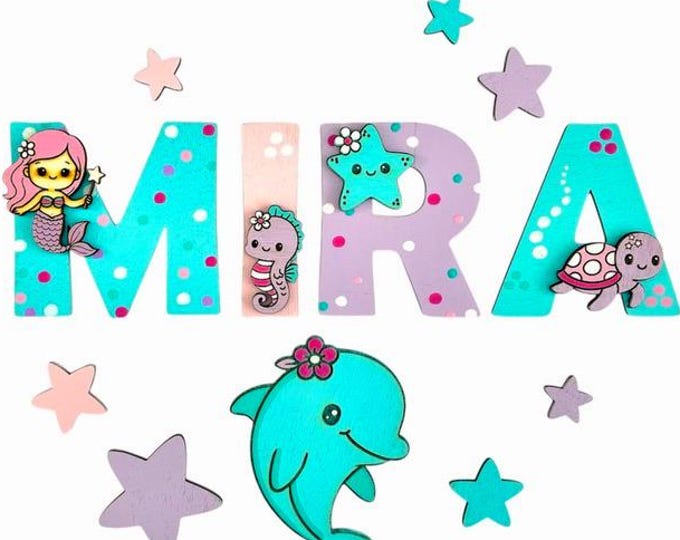 Wooden letters for children's room mermaid and underwater animals – name door personalizable