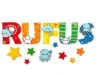 Wooden letters for children's room, underwater world, personalized door sign, wall decoration ABC baby, sea animals, whale, shark