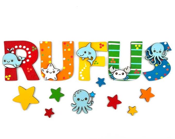 Wooden letters for children's room, underwater world, personalized door sign, wall decoration ABC baby, sea animals, whale, shark