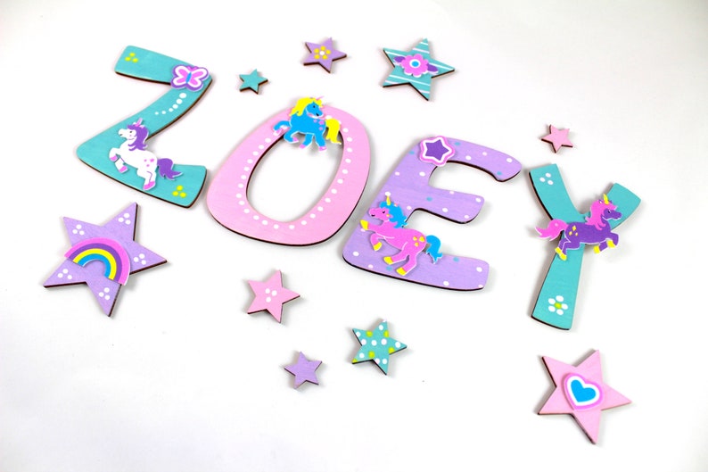 Wooden letters children's room, unicorns, door letters, favorite shops mint, pink, lilac, unicorn, unicorn, stars image 6