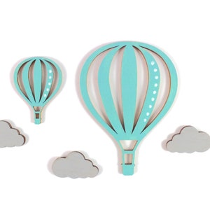 Conjunto de motivos globo aerostático y nubes, madera de globo aerostático, motivos de madera, nubes, letras de madera a juego