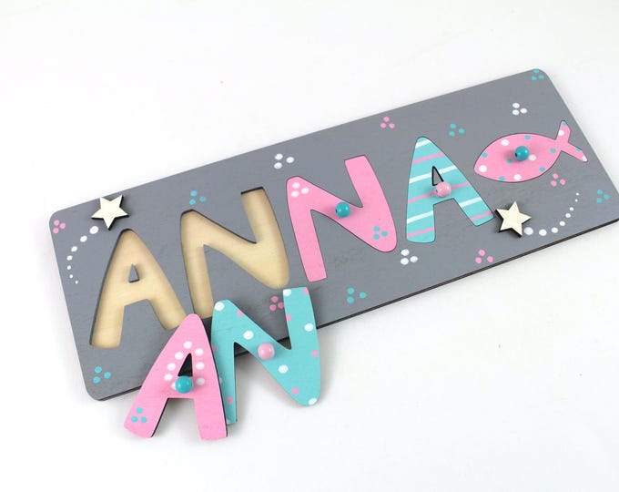 Baptism gift godchild, name puzzle, wooden puzzle with name, baptism fish, baptism gift, godmother gift, baptism gift girl