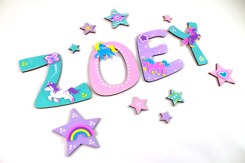 Wooden letters children's room, unicorns, door letters, favorite shops mint, pink, lilac, unicorn, unicorn, stars image 2