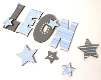 Houten letters, deurletters, kinderkamer, letters - favoriete winkels - sterren, babyblauw