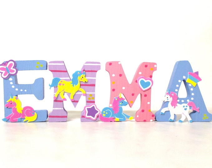 wooden letters children's room door unicorns