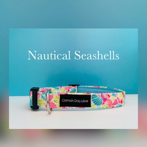 Nautical Seashells Fabric Dog Collar Fully Lined