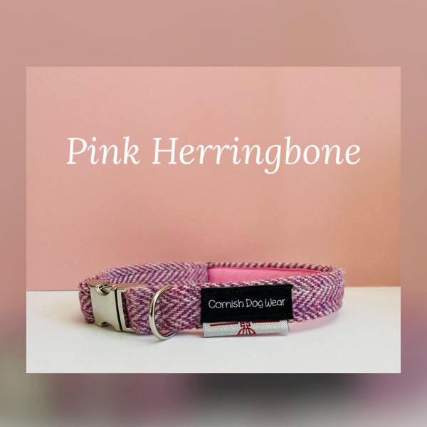 Genuine Harris Tweed Dog Collar Pink Herringbone with Alu Max Buckle