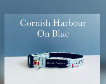 Cornish Harbour on light blue Fabric Dog Collar Fully Lined