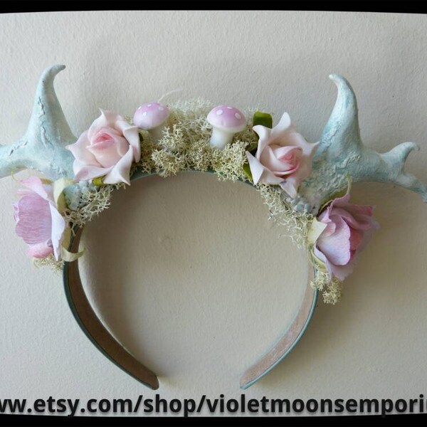 Enchanted Woodland Faun Forest Nymph Mori Pastel Goth Lolita Deer Antler White Moss Fly Agaric Festival Headdress Headband made to Order