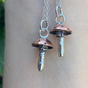 May include: Two mushroom-shaped pendants on silver chains. The mushroom caps are copper-colored with small dark spots, and the stems are silver. The pendants are hanging against a blurred background.