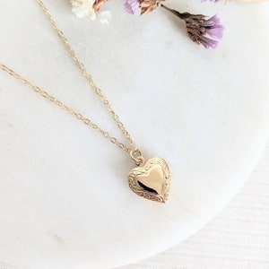 Small Etched Gold Heart Locket, Small Modern Locket Necklace, Personalised Birthstone Initial, Simple Layering Locket, Gift for Her