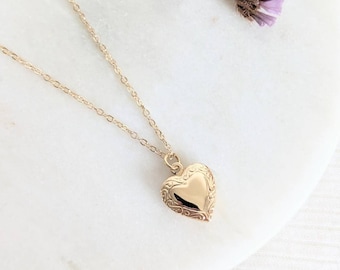 Small Etched Gold Heart Locket, Small Modern Locket Necklace, Personalised Birthstone Initial, Simple Layering Locket, Gift for Her