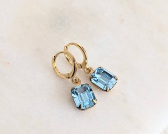 Aquamarine Blue Crystal Huggie Earrings, Small Gold Huggies, Vintage Jewel Rhinestone Hoops, Small Rectangle Drop Earrings