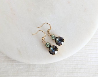 Dainty Army Green DeLite Crystal & Chrysolite Green Rhinestone Earrings, Green Crystal Earrings, Small Gold Dangles, Iridescent Sparkle