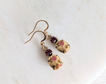 Vintage Golden Pink Rose & Fuchsia Pink Rhinestone Earrings, Dainty Gold Earrings, Vintage Glass Dangle Earrings