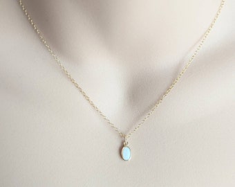 Tiny Dainty Opal Necklace on 14k Gold Filled Chain, Silver/Gold Layering, Small Oval Pendant, Bridesmaids/Flower Girl