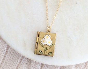 Tiny Vintage Daisy Flowers Book Locket, Gold Layering, Etched Hand Painted Locket, Three Flowers, Personalised Gift, Vintage inspired