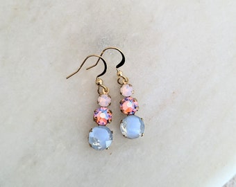 Ice Blue Givre, Rose Pink Shimmer Crystal & Rose Opal Earrings, Stacked Rhinestone Earrings, Small Gold Dangles, Iridescent Earrings (R3)