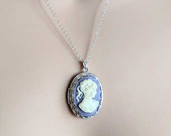 Lady Cameo Locket Necklace, Silver Oval Locket, Victorian Inspired, Personalised Initial, Long Chain Layering