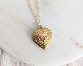 Victorian Personalised Heart Locket with Hand Stamped Initial, Etched Floral Heart, Gift for Her