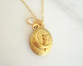 Little Owl Moon Crescent Locket, Small Victorian Locket, Personalised Initial Locket, Gift for Daughter, Birthstone Locket, Gift for Her