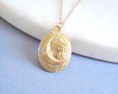 Little Owl Moon Crescent Locket, Small Victorian Locket, Personalised Initial Locket, Gift for Daughter, Birthstone Locket, Gift for Her