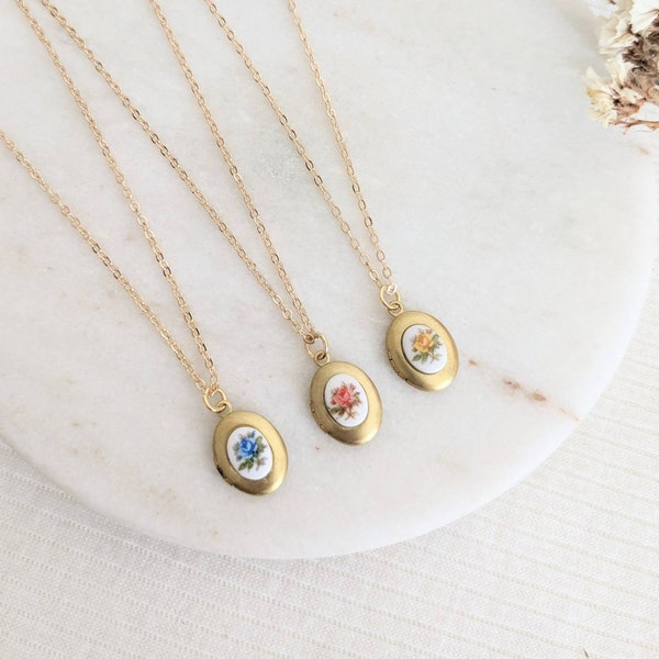 Small Dainty Little Victorian Floral Rose Locket, Blue/Pink/Yellow, Vintage Brass Oval Locket, Gold Layering, Personalised Birthstone