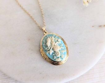 Victorian Wild Flowers Bouquet on Turquoise Cameo Locket Necklace, Gold Layering, Personalised Initial Birthstone, Floral Necklace