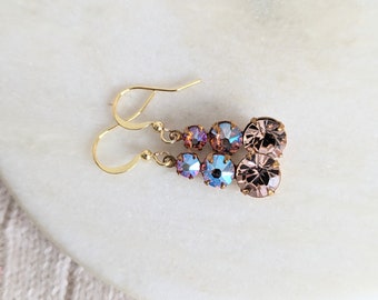 Shimmer Rose Pink Crystal Layered Jewels, Triple Stacked Rhinestone Earrings, Small Gold Dangles, Sparkle Crystal Drop Earrings (R3)