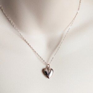 Puede incluir: Un delicado collar con un peque&ntilde;o colgante de coraz&oacute;n pulido. El coraz&oacute;n es de color plateado brillante y cuelga de una fina cadena. El collar se muestra sobre un fondo neutro, destacando la sencilla elegancia de la joya.