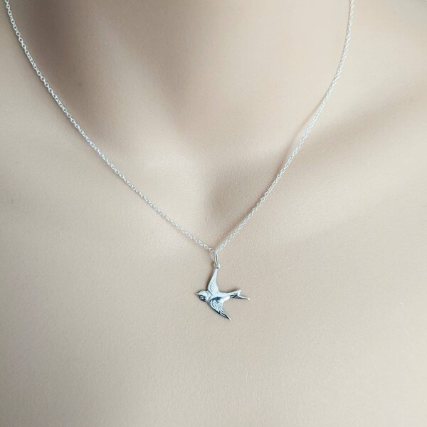 Dainty Sterling Silver Flying Bird Necklace, Vintage Swallow, Minimalist Necklace, Silver Layering