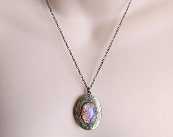 Antiqued Pink Fire Opal Locket, Vintage Glass Stone, Personalised Initial Birthstone, Harlequin Glass, Bridesmaids Gift